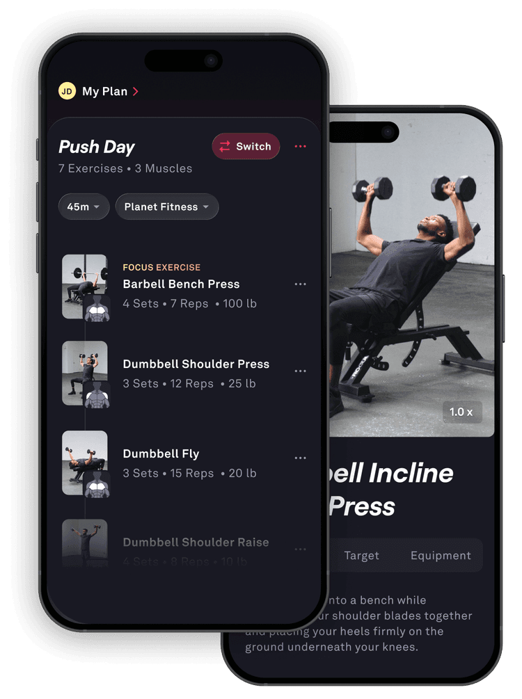 Screenshots of the Fitbod mobile app showing personalized workouts for different fitness levels.