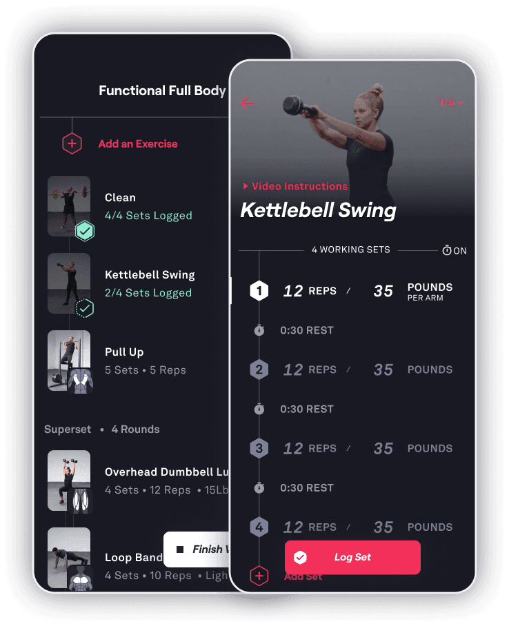 Screenshots of the Fitbod mobile app, showcasing a workout being logged.